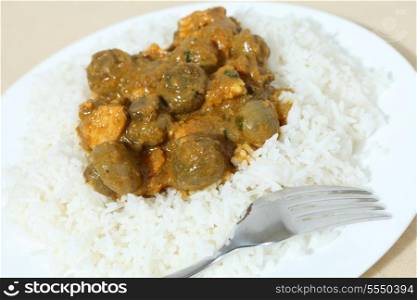 Close-up view of chicken and mushroom curry with basmati rice and a fork