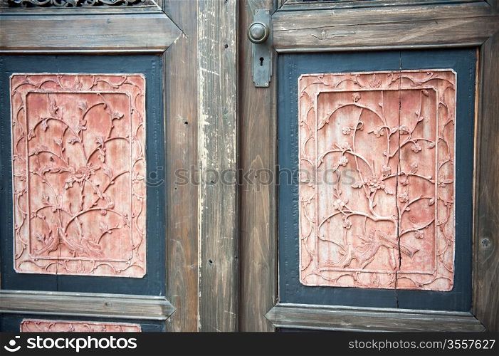 Close-up view of Chinese traditional style wooden door