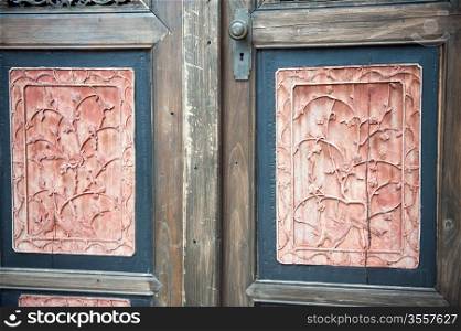 Close-up view of Chinese traditional style wooden door