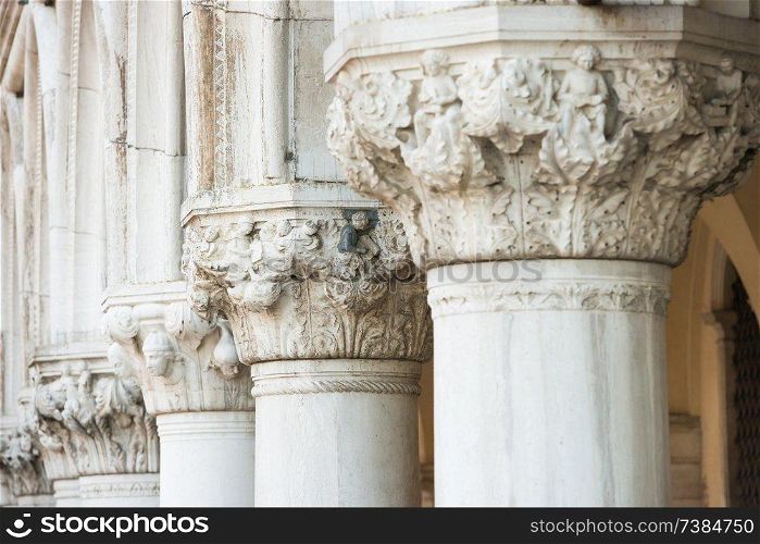 Close-up view of columns and details at Doge&rsquo;s Palace at Piazza San Marco. Venice, Italy