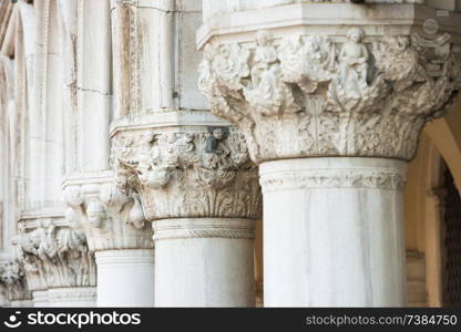 Close-up view of columns and details at Doge&rsquo;s Palace at Piazza San Marco. Venice, Italy