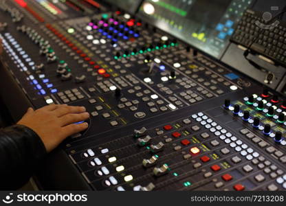 Close up view of digital audio production console. Selective focus.