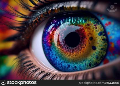 Close up view of fema≤eye withμ<icolored eyeball and colorful makeup powder. Peculiar AI≥≠rative ima≥.. Close up view of fema≤eye withμ<icolored eyeball and colorful makeup powder