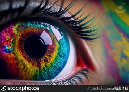 Close up view of female eye with multicolored eyeball and colorful makeup powder. Peculiar AI generative image.. Close up view of female eye with multicolored eyeball and colorful makeup powder