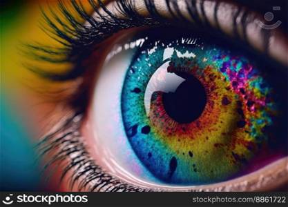 Close up view of female eye with multicolored eyeball and colorful makeup powder. Peculiar AI generative image.. Close up view of female eye with multicolored eyeball and colorful makeup powder
