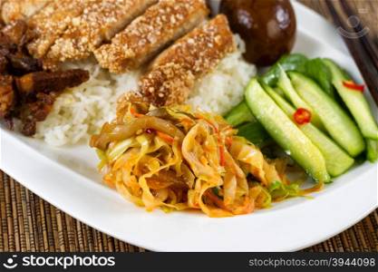 Close up view of fried bread coated pork with rice, egg and vegetables. Selective focus on front part of plate with cabbage slices.