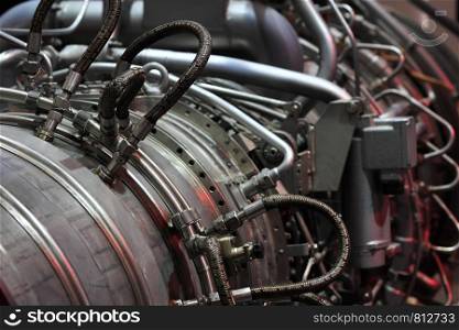 Close up view of industrial gas turbine.