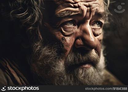 Close up view of old warrior man face with serious and sad emotion. distinct generative AI image.. Close up view of old warrior man face with serious and sad emotion