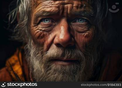 Close up view of old warrior man face with serious and sad emotion. distinct generative AI image.. Close up view of old warrior man face with serious and sad emotion