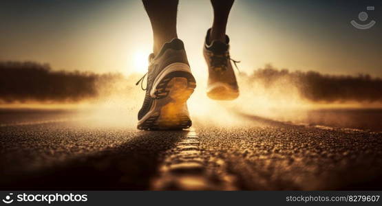 Close up view of runner sport shoes sprint running on track. distinct generative AI image.. Close up view of runner sport shoes sprint running on track