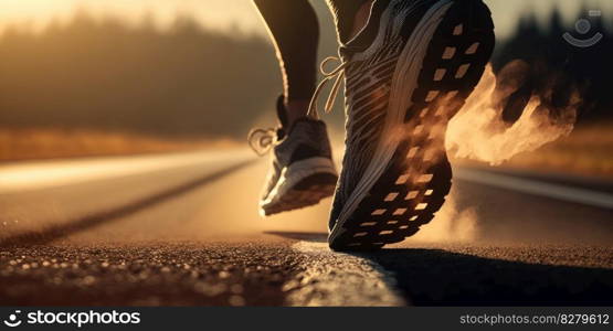 Close up view of runner sport shoes sprint running on track. distinct generative AI image.. Close up view of runner sport shoes sprint running on track