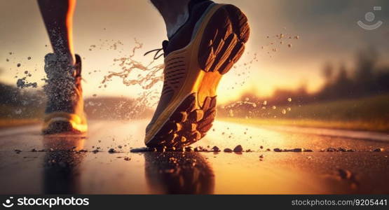 Close up view of runner sport shoes sprint running on track. distinct generative AI image.. Close up view of runner sport shoes sprint running on track