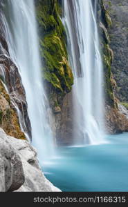 Close up view of spectacular Tamul Waterfall, Tampaon River, Huasteca Potosina, Mexico