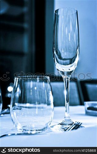 Close up view of table setting with glasses