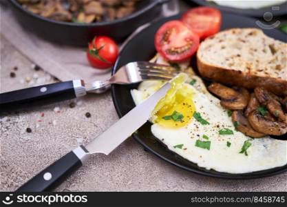 Close up view of the fried egg, mushrooms and bread on a frying pan.. Close up view of the fried egg, mushrooms and bread on a frying pan