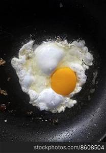 Close up view of the fried egg on a frying pan