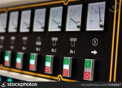 Close up view of the industrial equipment electrical control board.