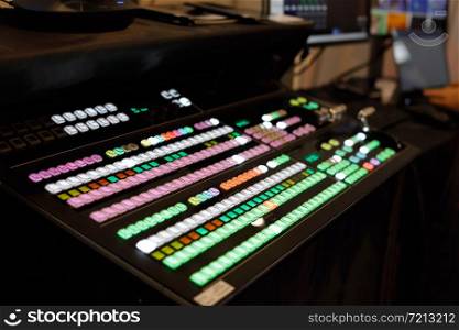 Close up view of video production switcher. Selective focus.