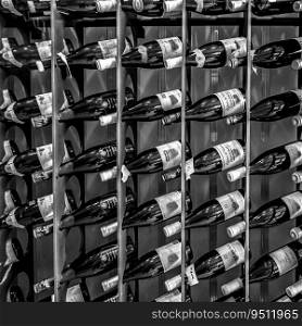 Close up view of wall made of wine bottles