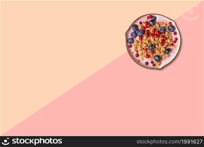 Close up view of wheat porridge with blueberry isolated on pink background.
