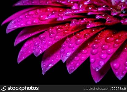 Close up water drops on pink gerbera daisy flower.