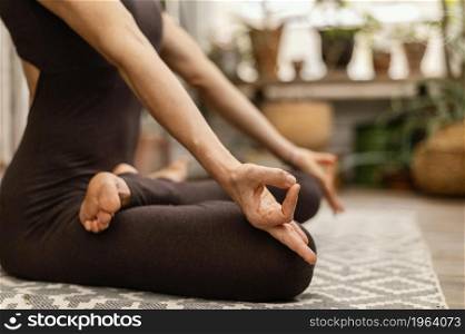 close up woman meditating indoors. High resolution photo. close up woman meditating indoors. High quality photo