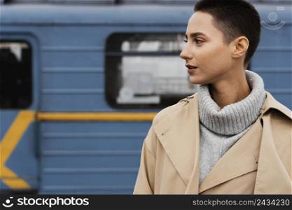 close up woman posing train station