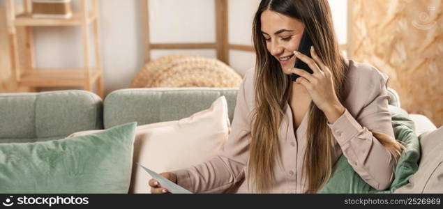 close up woman sitting couch