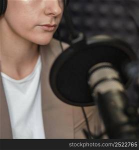 close up woman speaking radio