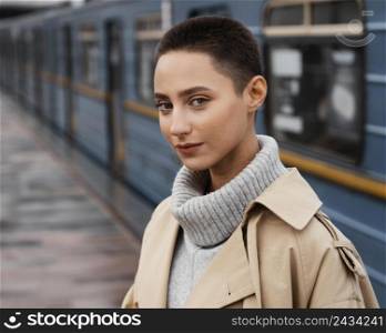 close up woman train station