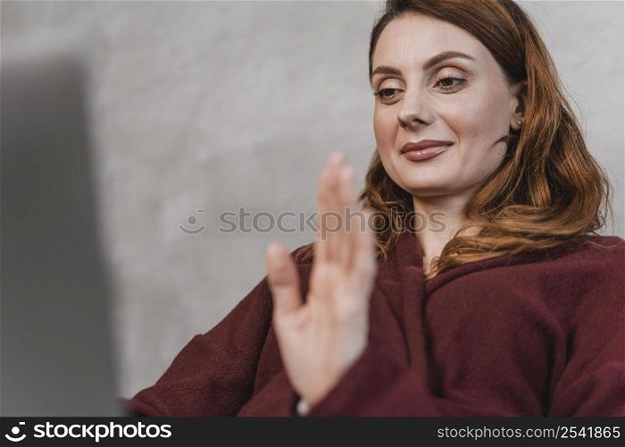 close up woman waving