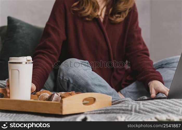 close up woman with breakfast bed