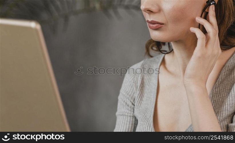 close up woman with earphones