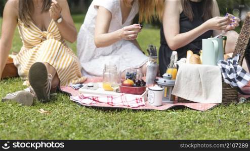 close up women sitting green grass enjoying picnic