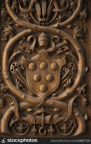 Close-up wood carving of Papal coat of arms in the Vatican Museum, Rome, Italy.