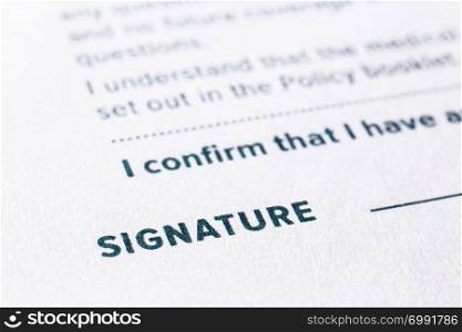Close up word signature on business agreement form. Policy documents, registration, employment and commercial startup concept.