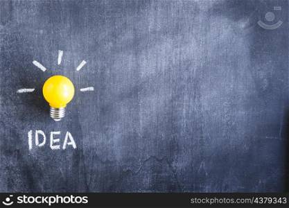 close up yellow light bulb with idea text blackboard
