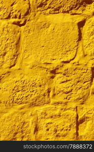 Close up yellow paint uneven old concrete wall background or texture