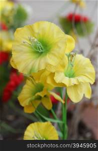 close-up yellow poppies of artificial flowers