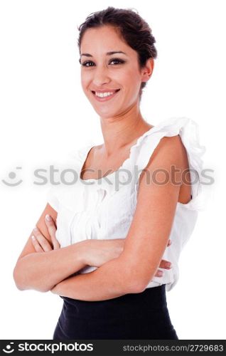 Close upl portrait of happy business woman with his hands folded on isolated white background