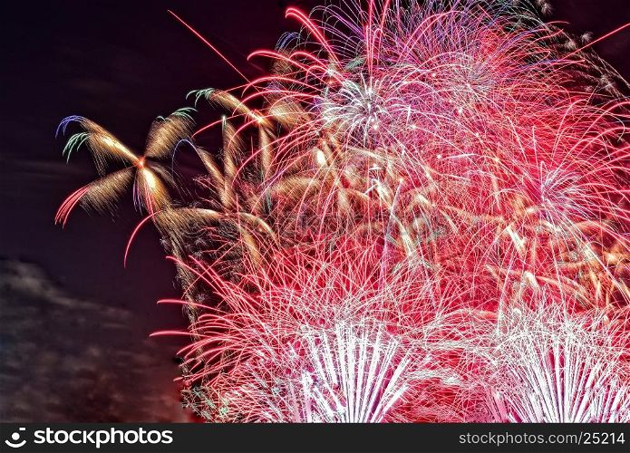 Close view of colorful bouquets of fireworks in the night sky on the night of 31 December to 1 January. close, horizontal view.i