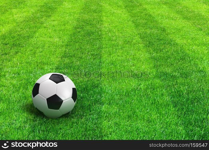 Close view of green striped football field with soccer ball