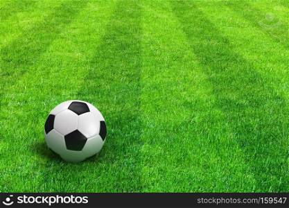 Close view of green striped football field with soccer ball
