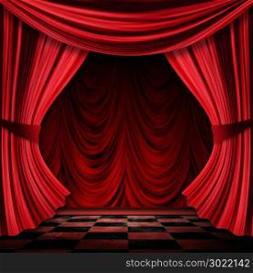 Close view of vintage decorative red theater stage curtains.