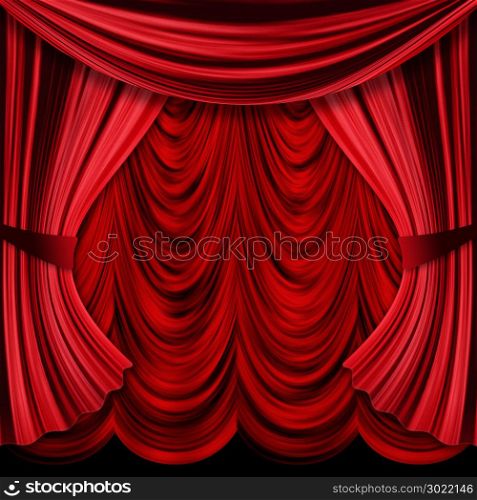 Close view of vintage decorative red theater stage curtains.