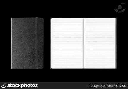 Closed and open notebooks mockup isolated on black. Closed and open notebooks isolated on black