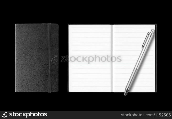 Closed and open notebooks with pen isolated on black background. Closed and open notebooks with pen isolated on black