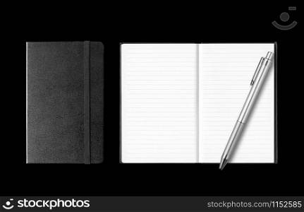Closed and open notebooks with pen isolated on black background. Closed and open notebooks with pen isolated on black