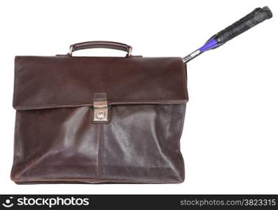 closed business leather briefcase with badminton rackets isolated on white background