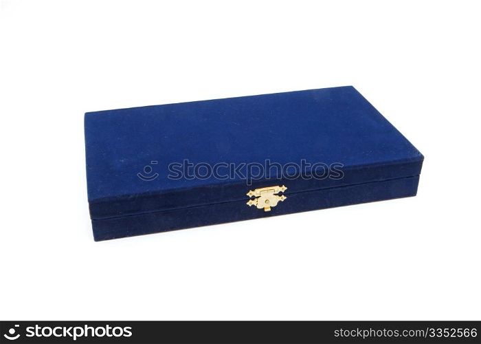 Closed dark blue velvet casket with golden lock isolated